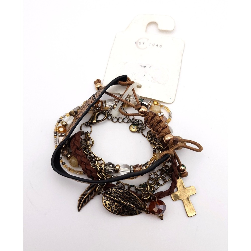 Boho Bracelet Set 4pc‎ Brown Leather Beaded Charm Stack